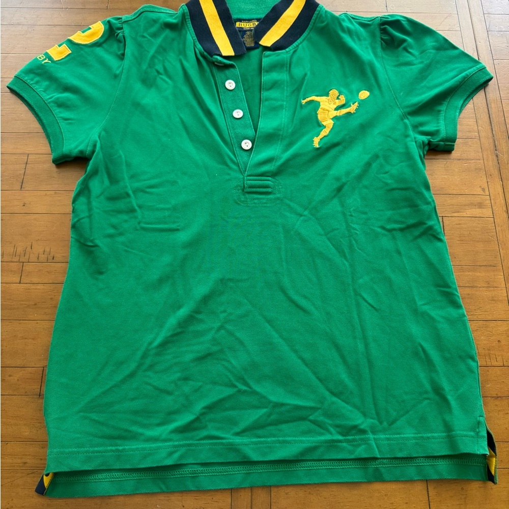Women’s Rugby Ralph Lauren Green and Yellow Polo with Striped Collar